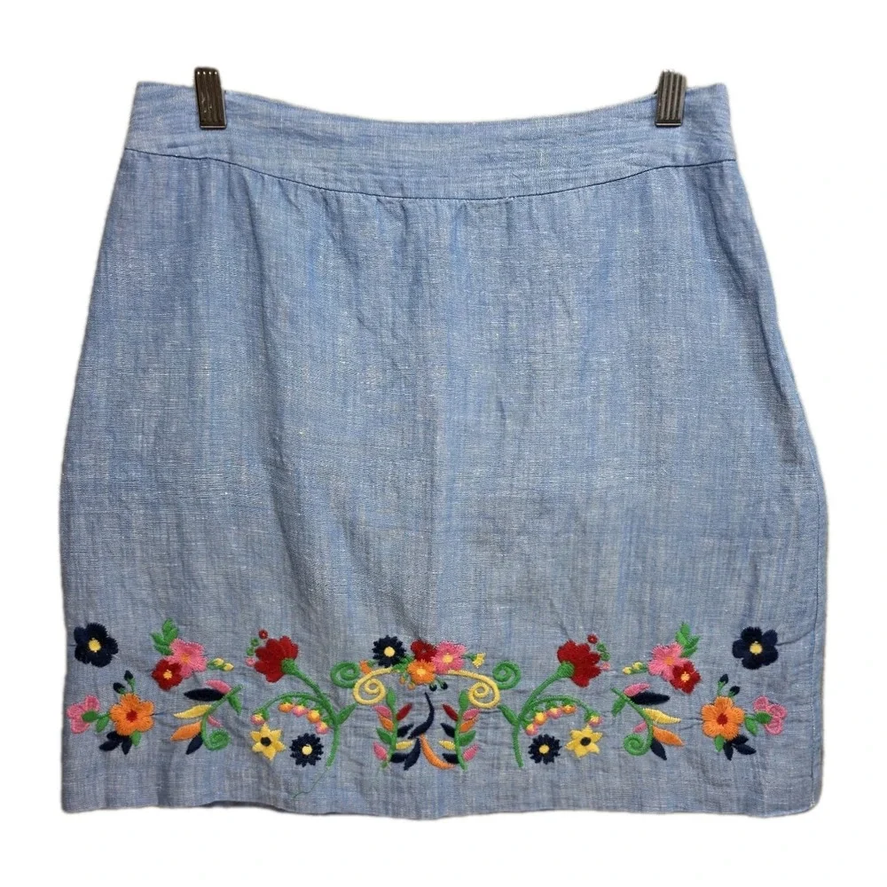 Talbots Floral Embroidered Linen Skirt Womens 2 Lined Short Boho‎ Colorful Blue